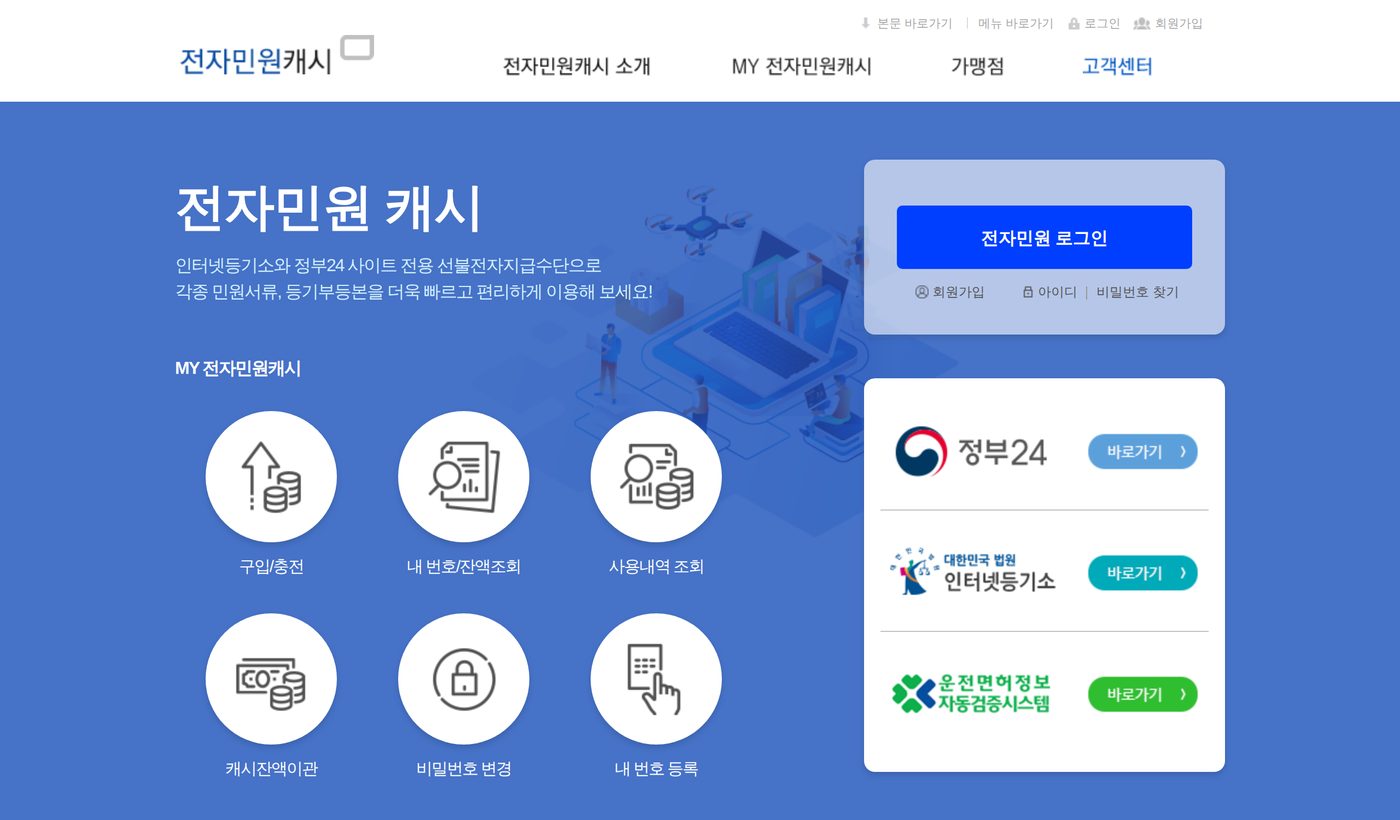 전자민원캐시 첫 화면. 오른쪽에 로그인 상자와 회원가입 링크, 왼쪽 아래에 MY 전자민원캐시 메뉴가 있다.